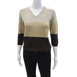 Duna Unisex Striped V-Neck Pullover Sweater Beige 3/4 Sleeve Size S